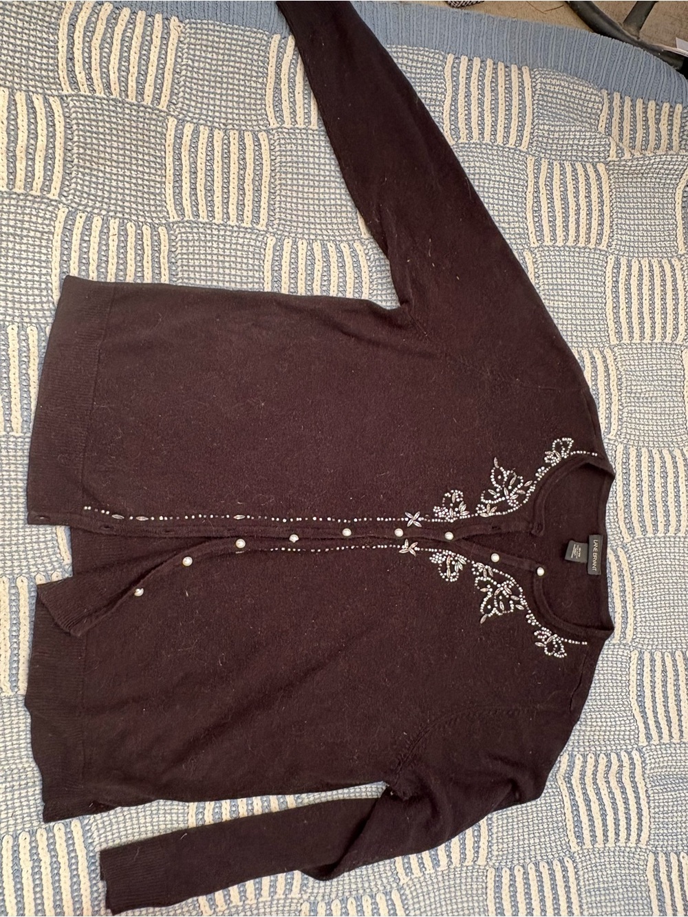 Lane Bryant black Embroidered Cardigan with Pearl Buttons
